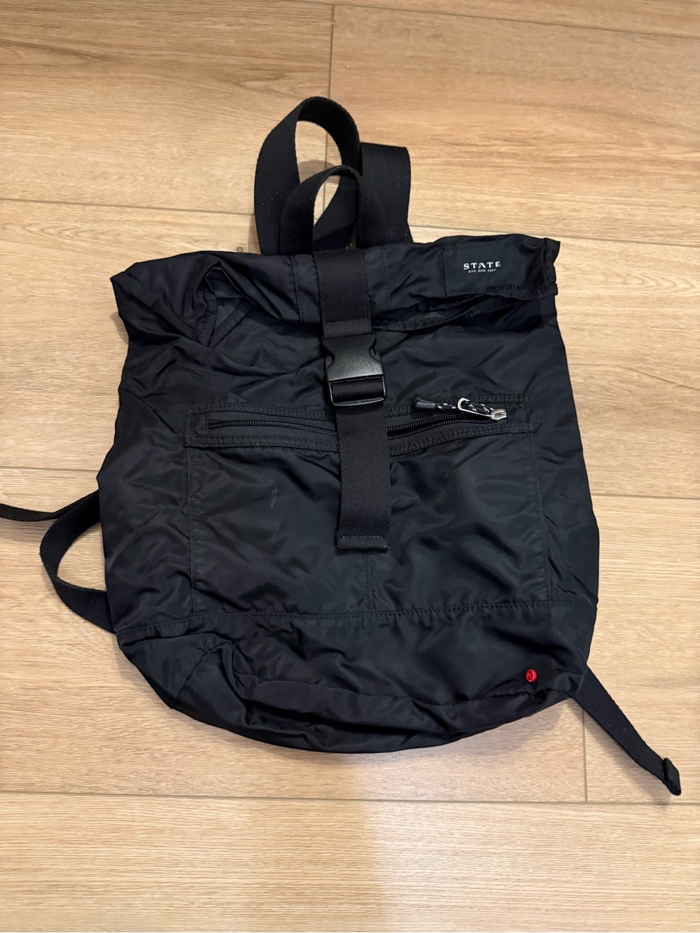 STATE Black Roll-Top Nylon Backpack with Front Zip Pocket